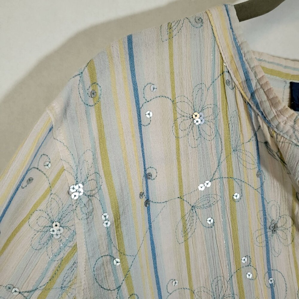 Susan Graver Style Women's Crinkled Cotton Front Button Top XL White/Yellow/Blue - Picture 2 of 10